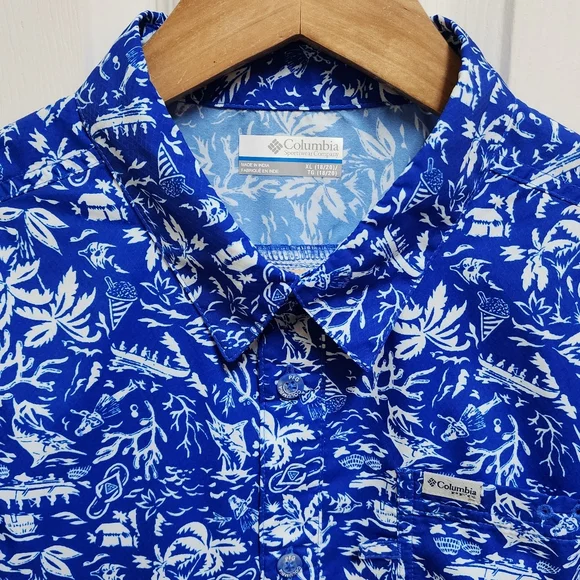 Columbia PFG Shirt Boys Youth XL Blue White Floral Hawaiian Short Sleeve Button - Picture 15 of 15